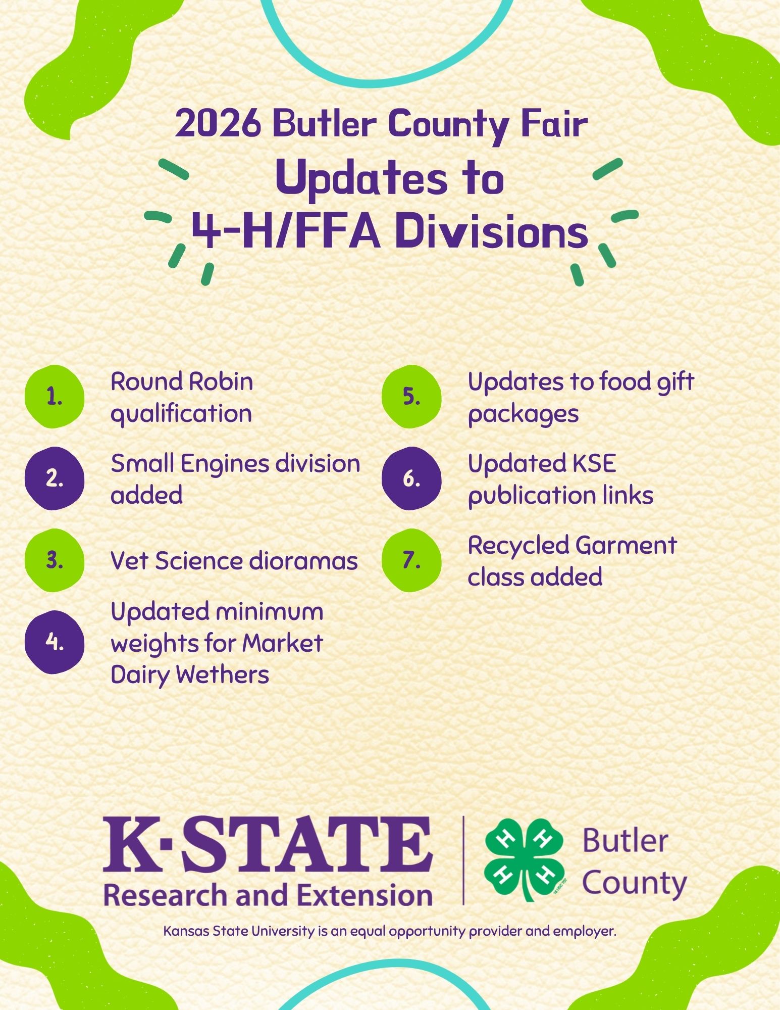 Outlines updates to 4-H and FFA divisons at the 2026 Butler County Fair